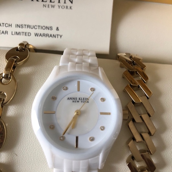 Anne Klein New York   12/7740WTST White Ceramic Watch w/ 2- Gold Tone Bracelets - Picture 4 of 7